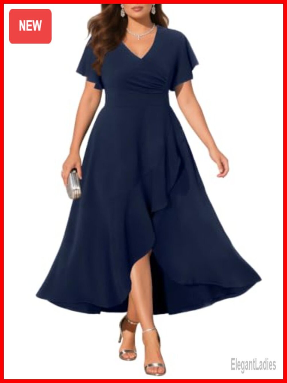 Pinup Fashion Plus Size Formal High Low Maxi Dress Ruffle Sleeve V-Neck